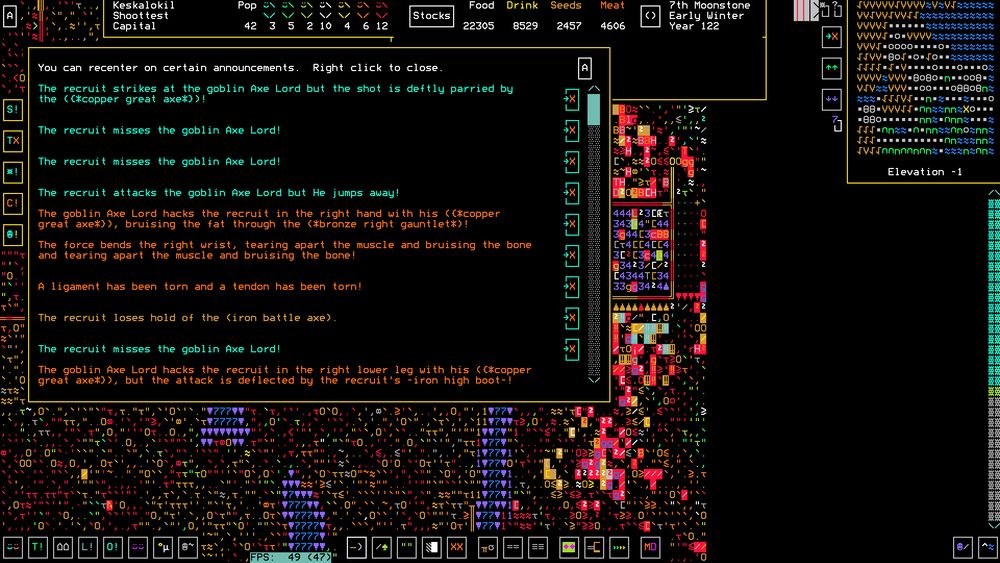 A screenshot of Dwarf Fortress.  We are looking at the combat log for a recruit who misses a goblin Axe Lord several times and then gets his hand bashed hard enough that he drops his weapon. (I've checked and the recruit is still alive, astonishingly)
