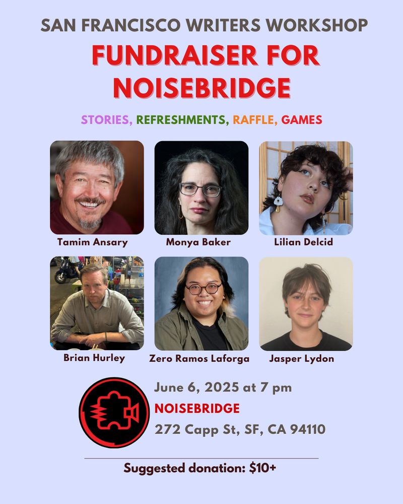 Flyer announcing a fundraiser for Noisebridge, hosted by San Francisco Writers Workshop on June 6, at 7 pm, at 272 Capp Street