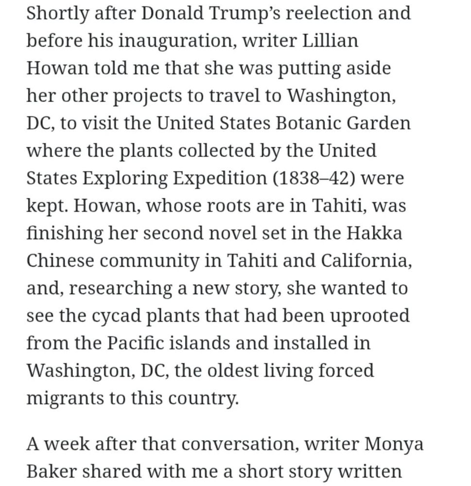 hortly after Donald Trump’s reelection and before his inauguration, writer Lillian Howan told me that she was putting aside her other projects to travel to Washington, DC, to visit the United States Botanic Garden where the plants collected by the United States Exploring Expedition (1838–42) were kept. Howan, whose roots are in Tahiti, was finishing her second novel set in the Hakka Chinese community in Tahiti and California, and, researching a new story, she wanted to see the cycad plants that had been uprooted from the Pacific islands and installed in Washington, DC, the oldest living forced migrants to this country.

A week after that conversation, writer Monya Baker shared with me a short story written in 1879 by Vsevold Garshin, “Attalea Princeps” or, in my translation, “A Captive Palm.” 
