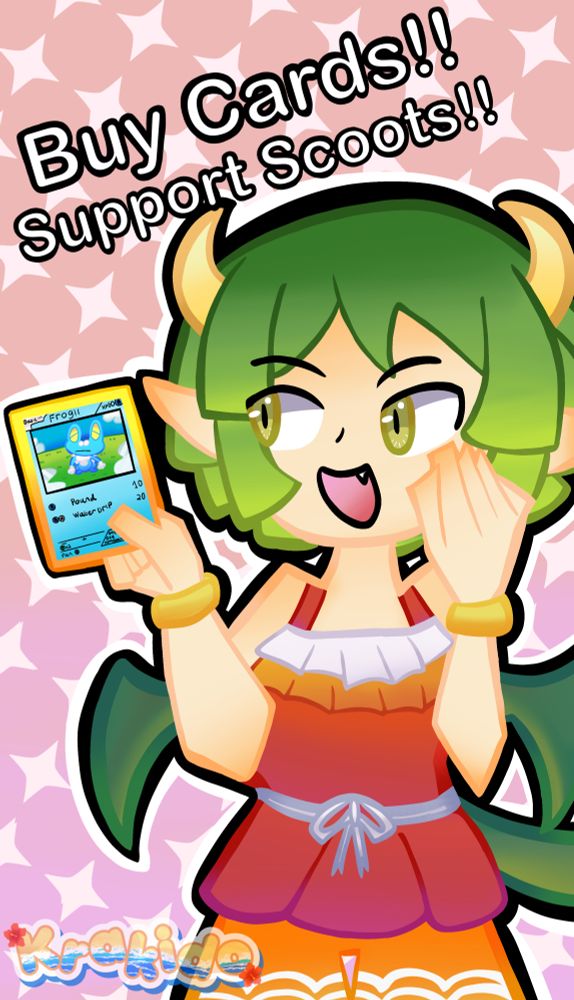 draco from puyopuyo, a dragon girl with green hair and wings, holding a froakie pokemon card. she is in her summer outfit from puyopuyo quest and is on a pastel peach/pink background. the words 'buy cards!! support scoots!!' is over the top of the image
