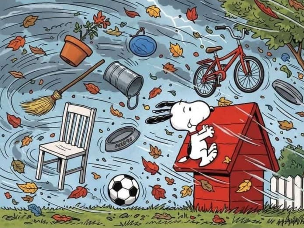 Snoopy fliegt im Sturm mit allerlei Dingen durch die Luft: Besen, Stuhl, Fußball, Futternapf, Fahrrad, Eimer usw. Nur seine rote Hütte steht felsenfest.