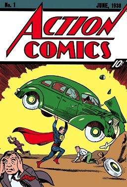 The iconic cover to Action Comics #1 where Superman is lifting a car
