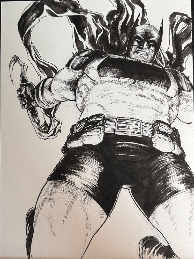 Chunky Absolute Batman in a descending pose, rendered in pen and ink