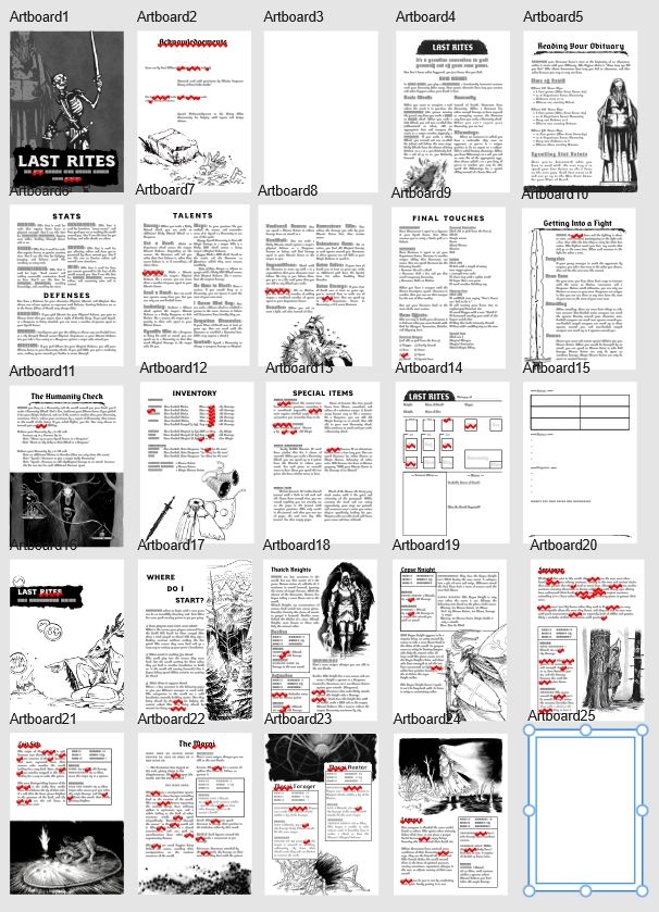 A "birds eye view" of the 25 pages in the TTRPG.