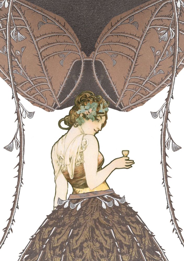 A mixture of Alphonse Mucha and Anton Seder for an unnerving TTRPG asset.