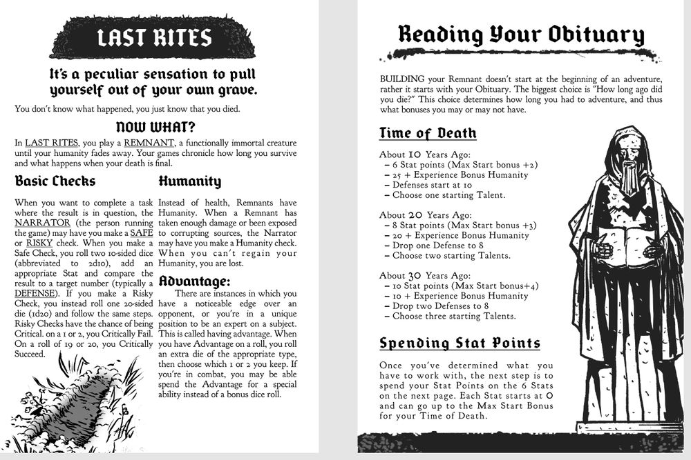 The basic rules for your character. You make safe checks by rolling 2d10 + a Stat versus a number (usually a defense). You can also make risky checks by rolling a 1d20 where you might critically succeed or fail. Your character is based around when you died.