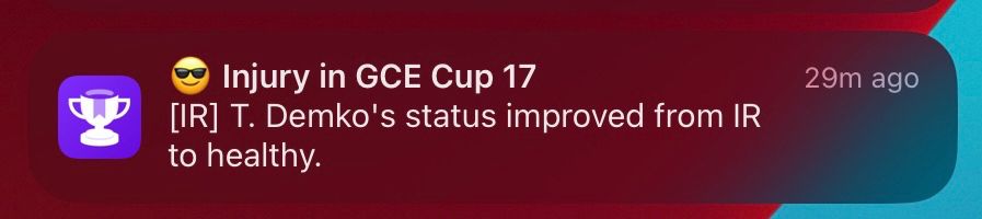 A banner stating “Thatcher Demko’s status has improved from IR to healthy”