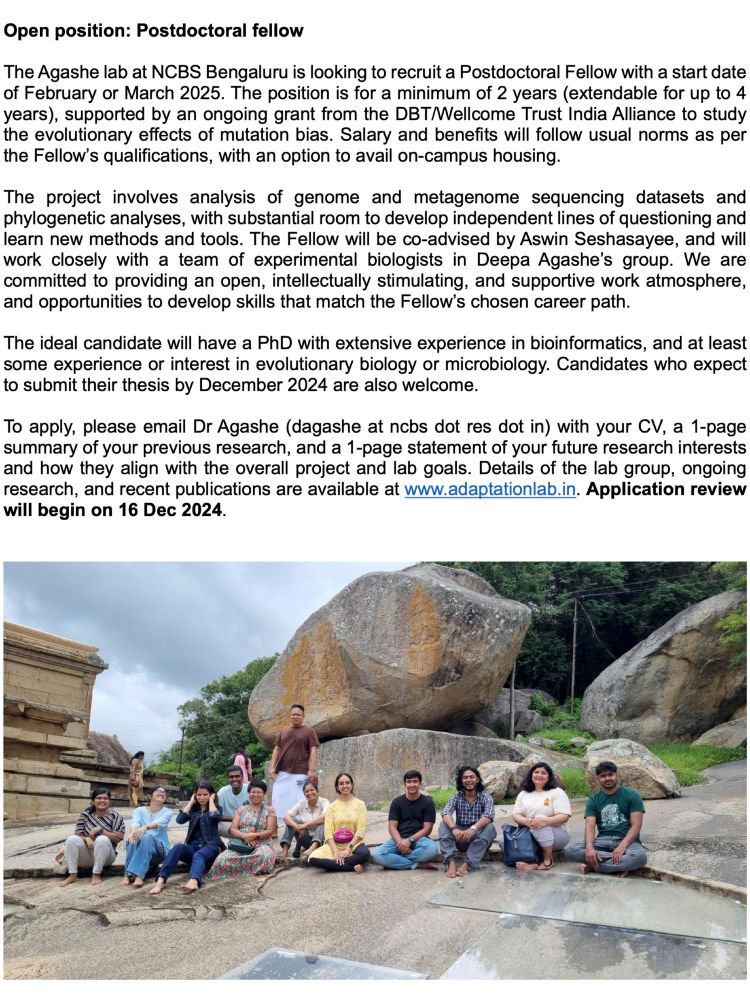 Text has details of the open postdoctoral position and contact information for Deepa Agashe. Picture shows lab members on a hike to a beautiful Jain temple.