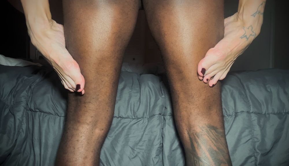 two black legs from the back, thighs to calves, with two white feet wrapped around the outsides, facing the camera. 