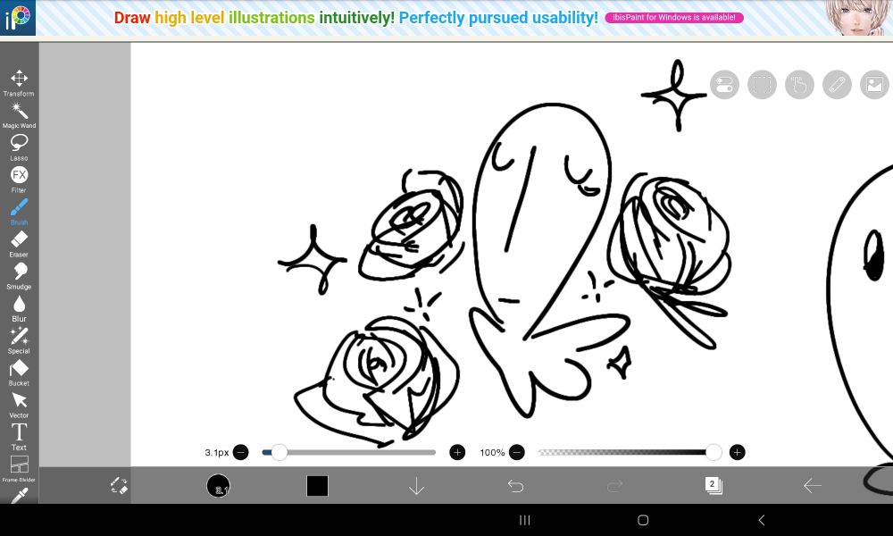 a little doodle as an embodiment of hearing a particular song; a little guy spreading their arm out with roses and sparkles in the background.