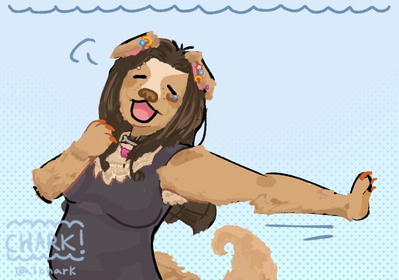 a half body of an antomorphic dog yawning as if they woke up from a long nap. The antomorphic dog has brown hair, cute colorful piercings, collar with a bone, heart necklace, and a black tank top. their nails are painted orange. the background is blue, decorated with dots and clouds ? not sure on clouds but they seem as so.