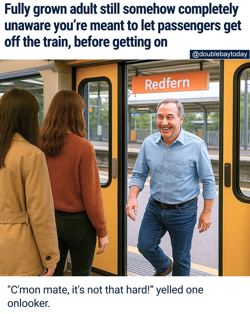 TRAINWRECK: A local baby boomer continues to perplex fellow commuters by boarding trains before allowing others to disembark.

DBT captured this photo of Michael Mitchell getting on a train, as several people formed inside the carriage waiting to get off.

"Ummm hello!!? yelled one frustrated passenger.

"When I was five years old I already knew to let passengers off the train first!"

When approached for comment, Mr Mitchell seemed genuinely puzzled.

"I don't see what the big deal is," he shrugged. "People are too sensitive these days!"

Commuters report Mitchell also caused a minor pile-up at the ticket gates when he tried to tap off using his Medicare card.