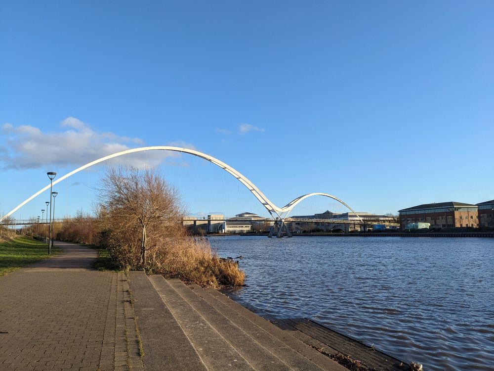 The Infinity bridge in Stockton-on-Tees, also river Tees is visible.