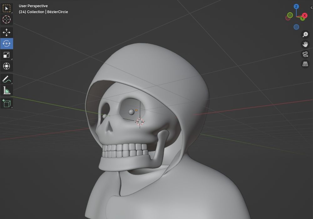 Blender viewport showing a 3D model of a skeleton wearing a hood