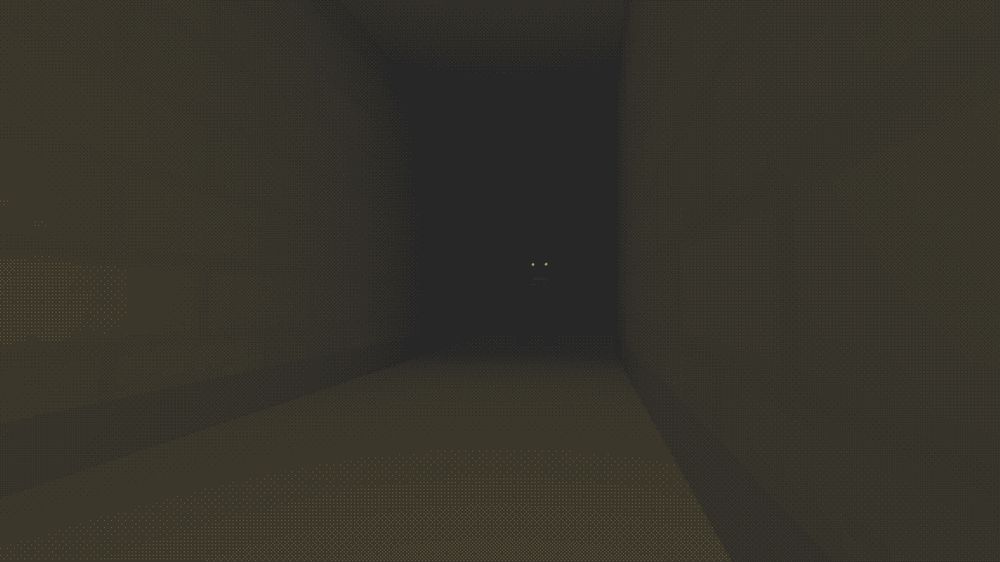 First person view of a dark corridor. Two glowing eyes stare at the player from the darkness.