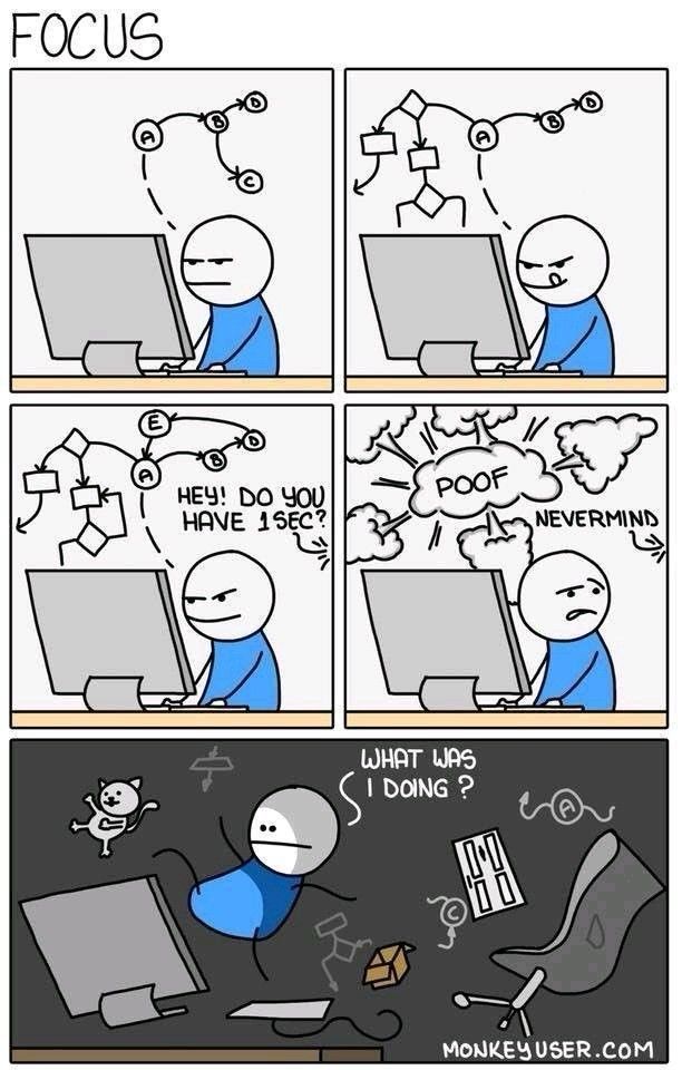 A comic titled “FOCUS” shows a stick figure working intently at a computer, mentally mapping out a flowchart. In the first two panels, they’re making steady progress. In the third panel, someone offscreen interrupts with, “HEY! DO YOU HAVE 1 SEC?” The figure’s thought process is shown breaking apart. The fourth panel shows a “POOF” cloud and the word “NEVERMIND” from the interrupter, while the figure looks annoyed. The final panel depicts the stick figure floating in a chaotic black void with their desk, chair, and cat scattered around, captioned “WHAT WAS I DOING?” The comic is signed “monkeyuser.com.”