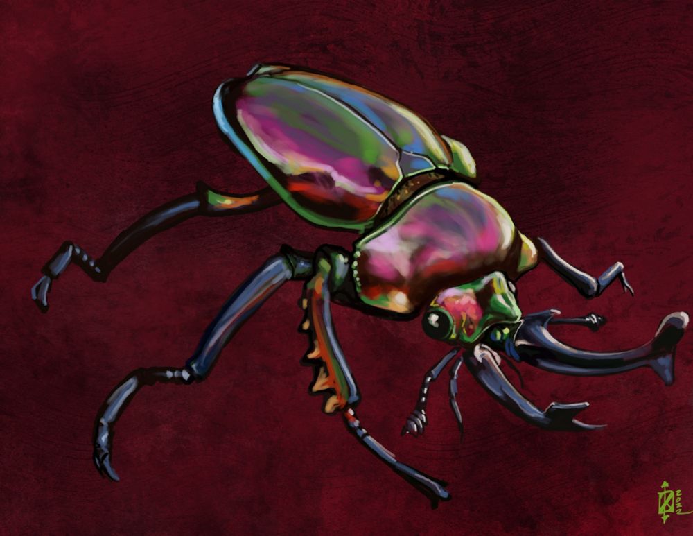 A digital painting of an iridescent stag beetle