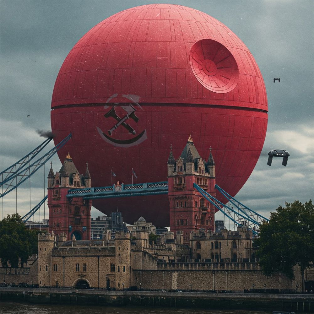 the tower of London and the tower bridge with the royal mint as the death star of the CCP 

The Death Star was a weapon of the Galactic Empire, which was the dominant power in the Star Wars galaxy at the time of the original trilogy. The Rebel Alliance was a resistance movement fighting against the Empire.
The destruction of Alderaan was a demonstration of the Death Star's power and a way for the Empire to instill fear and discourage rebellion. It was a strategic move, but also a brutal and devastating act of violence.
