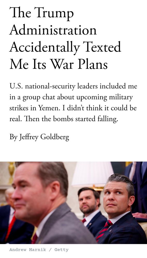 Headline of an article from The Atlantic about Pete Hegseth's accidentally texting their journalist Trump's war plans.