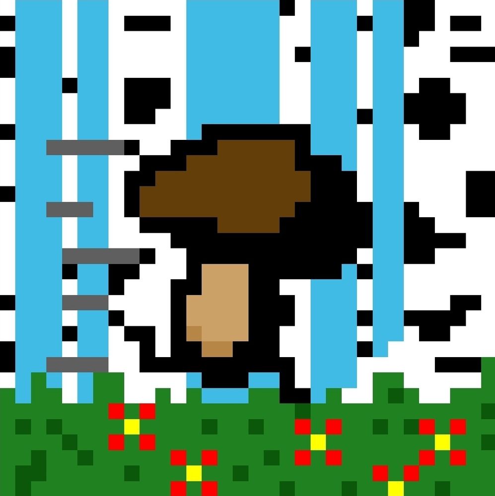 A mushroom running in a birch forest. Pixel picture 32x32