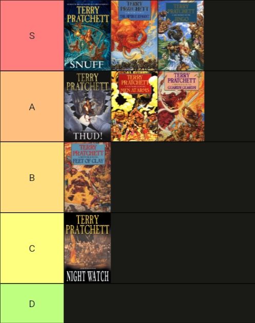 Tier list with covers of city watch books.
S tier - Snuff, The Fifth Elephant, Jingo
A tier - Thud, Men at Arms, Guards Guards
B tier - Feet of Clay
C tier - Night Watch