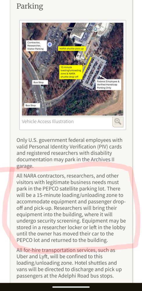 A satellite map shows the remote location researchers must now use to park when visiting the National Archives at College Park. The text describing the parking lot is at the link.