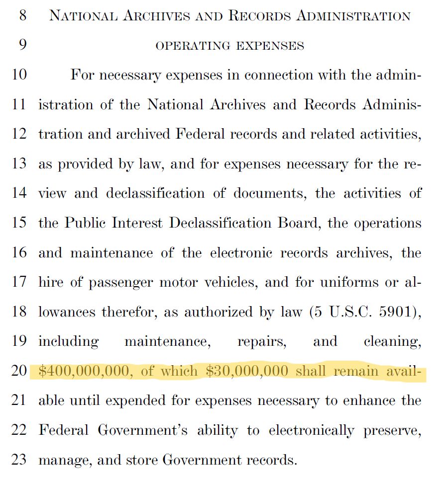 Clip of proposed legislation submitted by House Financial Services and General Government Appropriations Subcommittee slashes an additional $4million from NARA's already meager budget
