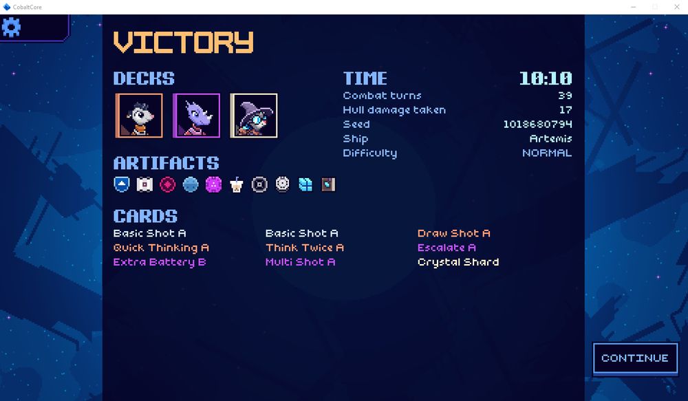 The endscreen for a victorious Cobalt Core run. It shows the collected artifacts and cards as well as a completed in-game time of 10:10. 
