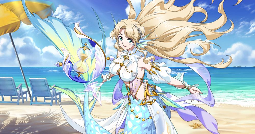 A picture of Nymph from Langrisser, a blonde mermaid with an iridescent blue tail.