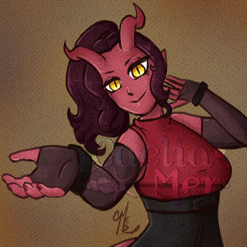 A painted sketch of a tiefling woman with red skin, pointy ears, a red top, mesh fingerless gloves, and high waisted black pants. She has mischievous yellow eyes, s-curled horns, and fluffy hair in a ponytail. She is posing sassily, with one hand out towards the audience and the other behind her head.
