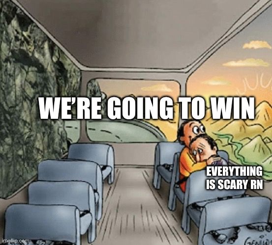 two guys on a bus meme template but they’re hugging and we are going to win