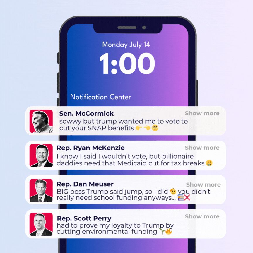 A phone with text notifications from PA Republican delegation with lame excuses on why they voted to pass the Big B.S. Bill 