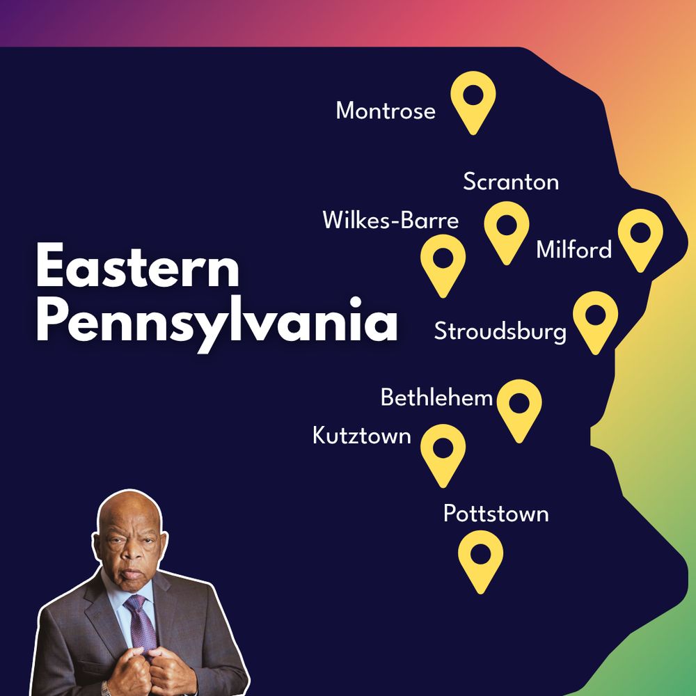 Red and green graphic with an image of a map of Eastern PA showing events across the state and an image of John Lewis.
