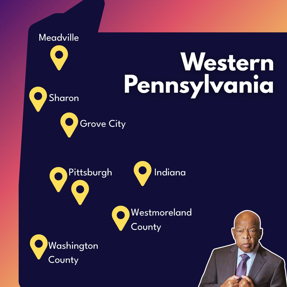 Red and green graphic with an image of a map of Western PA showing events across the state and an image of John Lewis.
