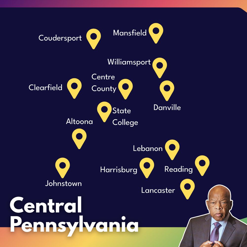 Red and green graphic with an image of a map of Central PA showing events across the state and an image of John Lewis.

