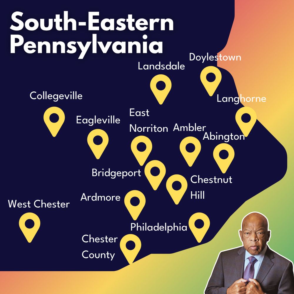 Red and green graphic with an image of a map of South-Eastern PA showing events across the state and an image of John Lewis.