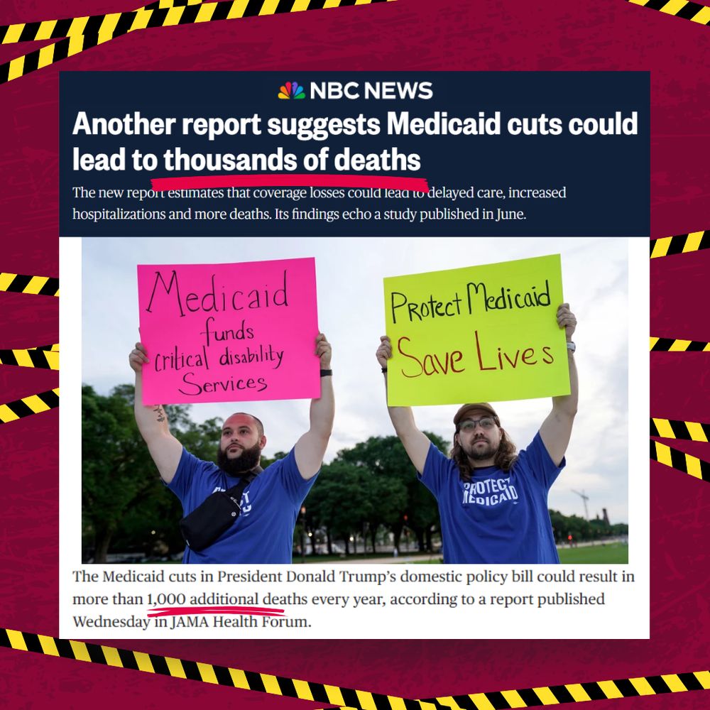 Red graphic of an NBC headline that reads “Another report suggests Medicaid cuts would lead to thousands of deaths” above an image of protestors