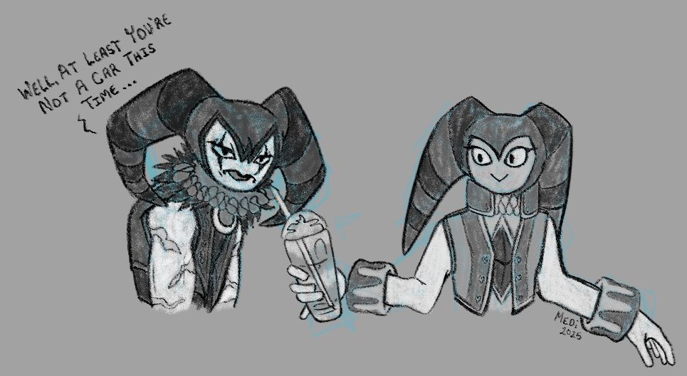 A continuation of the two previous images. NiGHTS is in the same position as before, now with their head turned to the side, and looks unpleasantly surprised; Reala is now beside them. Reala is slightly hunched over, and downcast. Text reads: 'Well, at least you're not a car this time...'.