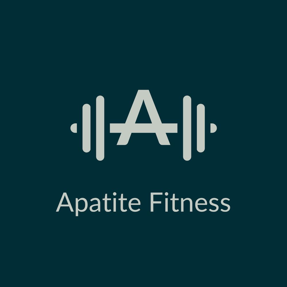 Light blue logo on a darker blue background. The logo is an A with a dumbbell as the cross bar. Underneath reads “Apatite Fitness”