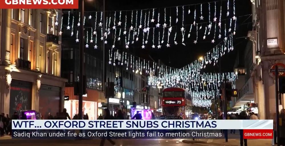 London Xmas lights which are stars.

Caption is GB News and it says “WTF.. Oxford St snubs Xmas”