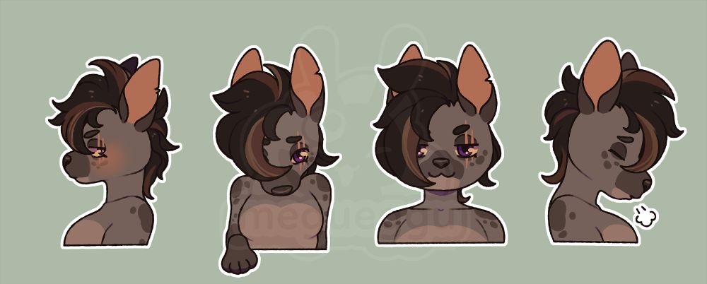 set of four stickers of a hyena character. their fur is different shades of brown, with dark brown fluffy hair with lighter brown highlights. they have purple eyes with off-white sclera. their left eye has two slashes from the eyelid down to the mid cheek. on the first sticker, they are drawn at side profile, blushing and looking away. on the second sticker they are giving a paw, looking down. on the third sticker they are doing a kitty face. on the fourth sticker they are again drawn at the side profile, exhaling exhausted. 