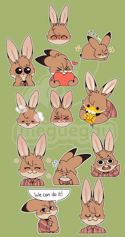 12 pieces of custom discord stickers with an original character. they are a furry bunny in light brownish colors. bottom half of their face is cream. insides of their ears too, it gradients into more of a pinkish tone, with more pink in the middle of the ear. tips of their ears are dark brown. they have little freckles under their eyes. they have a tuft of hair between their ears, going down on their forehead. wearing a striped shirt in orangey-pinkish tones. 
there is a sticker of them devouring mango like a wild animal, mango splashing on their face. other sticker is of them doing the "we can do it!" pose. other sticker is them with eyes closed, pleased and with flowers around their head. few different stickers with various states of being embarassed, from steaming, to awkwardly blushing, to hiding away under their hands blushing with a pleased look. an "uwu" expression. pleading expression. them as a little more feral looking bunny, sleeping with "zzz..." and little stars around them. them squishing a heart, lovingly. and the last one is them being angry and flapping their arms out. 
all of them on green background. visible logo of a bunny with an egg on it's head with text "megueggu" underneath.
