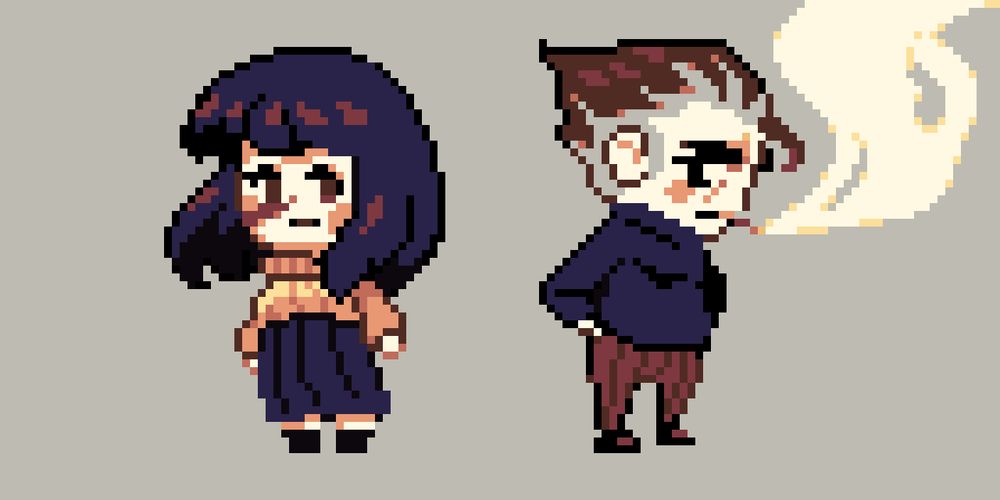 Sprite of two characters. One is a woman with dark hair, wearing a beige turtleneck and a long skirt. The other is a older smoking man with a scowl on his face.