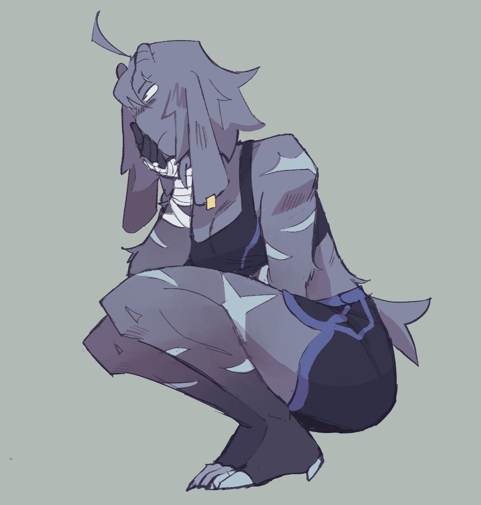 A drawing depicting Major (she/her), a grey-furred goat-like humanoid with sawed off horns, droopy long ears, choppy medium-short hair, horizontal pupils, and black gradient markings that start at her fingers and feet, extending up her arms and legs. She has many scars and is wearing a workout outfit of a sports bra and running shorts. She is crouching with her right hand cupping her cheek, looking contemplative.