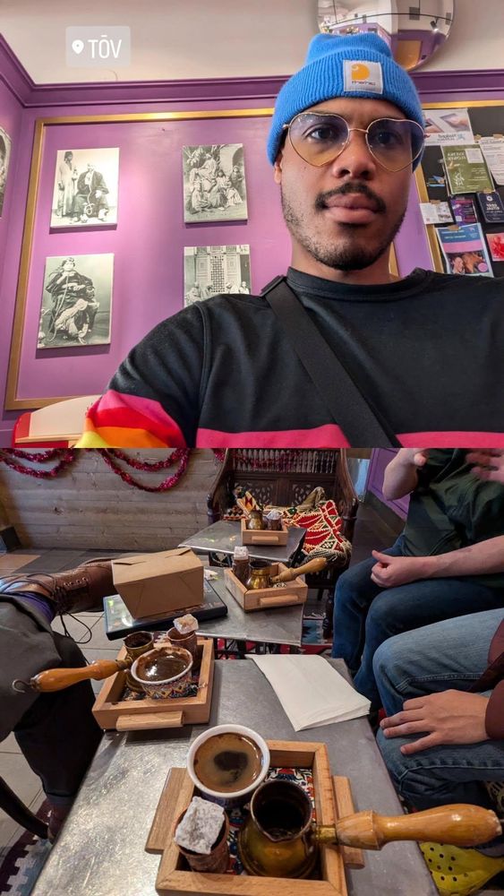 top half: a selfie of me with some black-and-white Egyptian art hanging on the purple wall behind me
bottom half: four sets of turkish coffees with turkish delight on the tables in front of me
location: tov coffee, pdx
