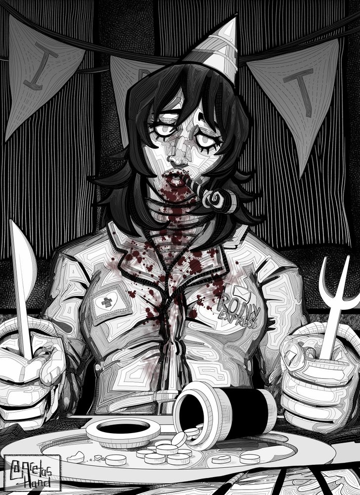 Black and white illustration of Anya from the horror game Mouthwashing. She sits slouched back in her chair, head lilted to the right. Here eyes are clouded over and stare blankly forward. She is wearing a party hat and has a party blower hanging from her mouth. Blood spatter dribbles down her chin and onto her shirt, the red the only use of color in the illustration. Her hands rest on the table, a knife and fork clutched in her fists. On a plate in front of her is a spilled bottle of pills, the hint of Curly's wrapped leg in the foreground. In the background there is a birthday banner hung up, fading into the background.

Shadow and depth is created using a lot of fine line work, creating patterns on the skin and clothes. The line width and distance from each other help create additional value and depth to the piece and create a focal point on the figure. 