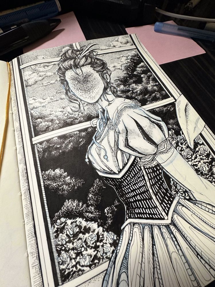 picture of a sketch of an illustration I'm working on in my sketchbook. I've made some more progress on inking and I'm using micron pens to render it. The sketch is of a woman posing for a portrait. Her body is in the profile view while her head is turned towards us. She is wearing a billowy dress with puffy sleeves with a corset over the top. Her face is blank, devoid of any features besides a faded terrifying looking face, and is holding her arms behind her back. She stands in front of a windowsill looking out on some rose bushes, forest, and the night sky.

The shrubbery uses ink blocking, hatching and stipple to create its effects while the darkness of the sky and clouds are fully stipple work. Her featureless face is covered in stipple work that shapes an impression of a horrific face.