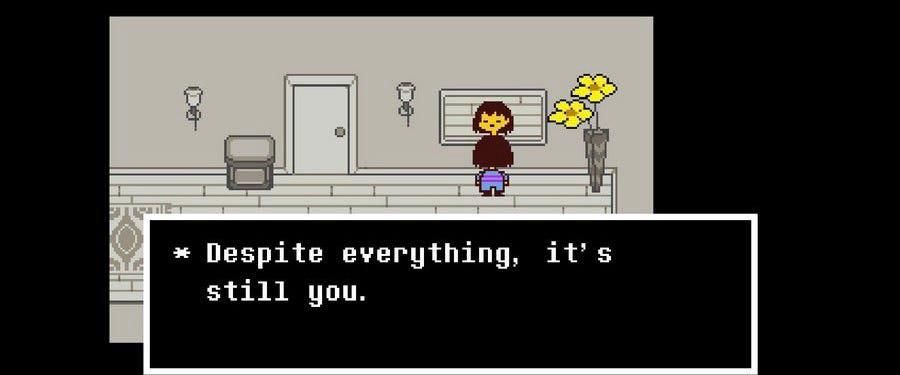 screencap from undertale of frisk staring into the mirror with the text "Despite everything, it's still you."