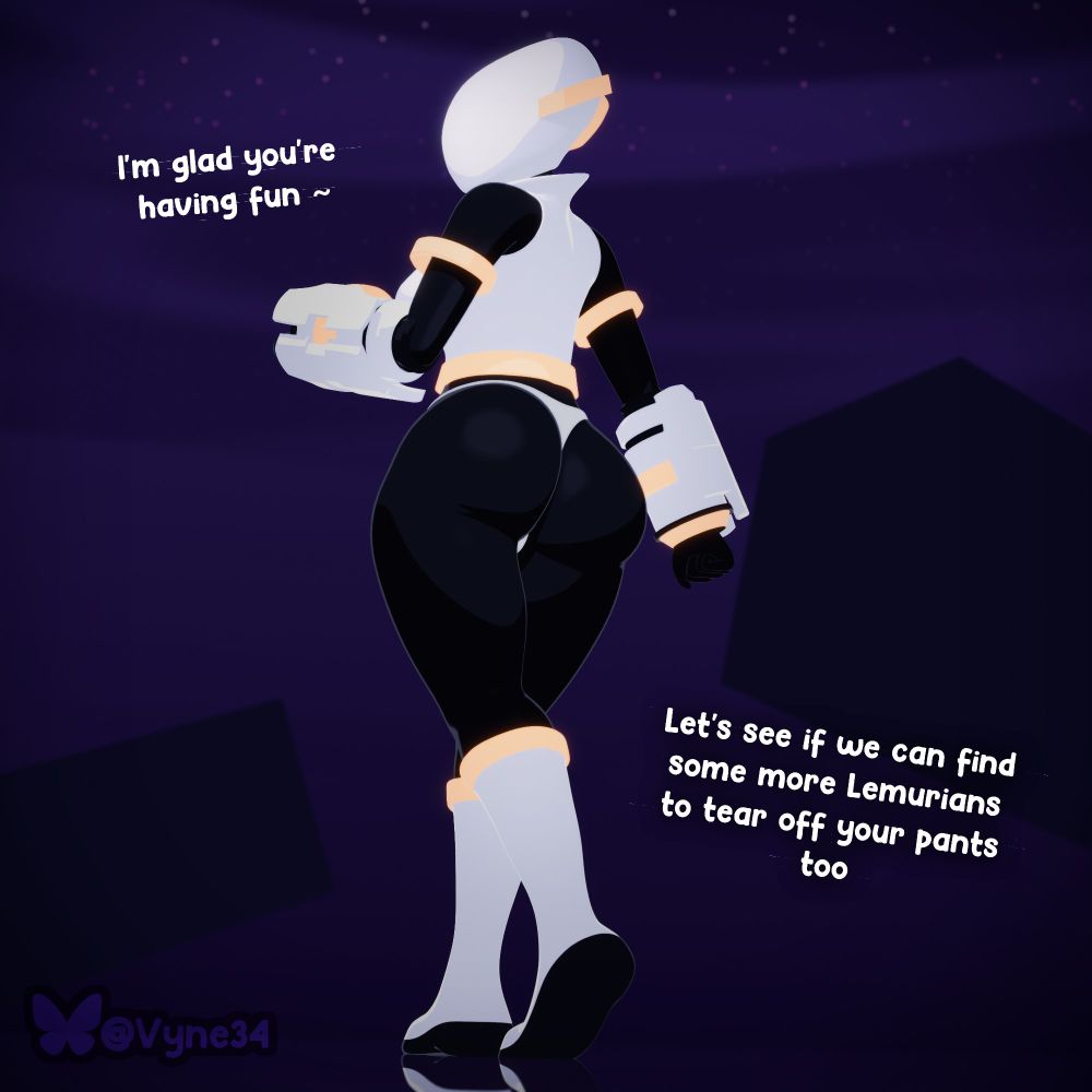 Risk of Rain 2 Artificer walking away from camera, with butt out, wearing underwear.

Speech:

Artificer - "I'm glad you're having fun... Let's see if we can find some more Lemurians to tear off your pants too"