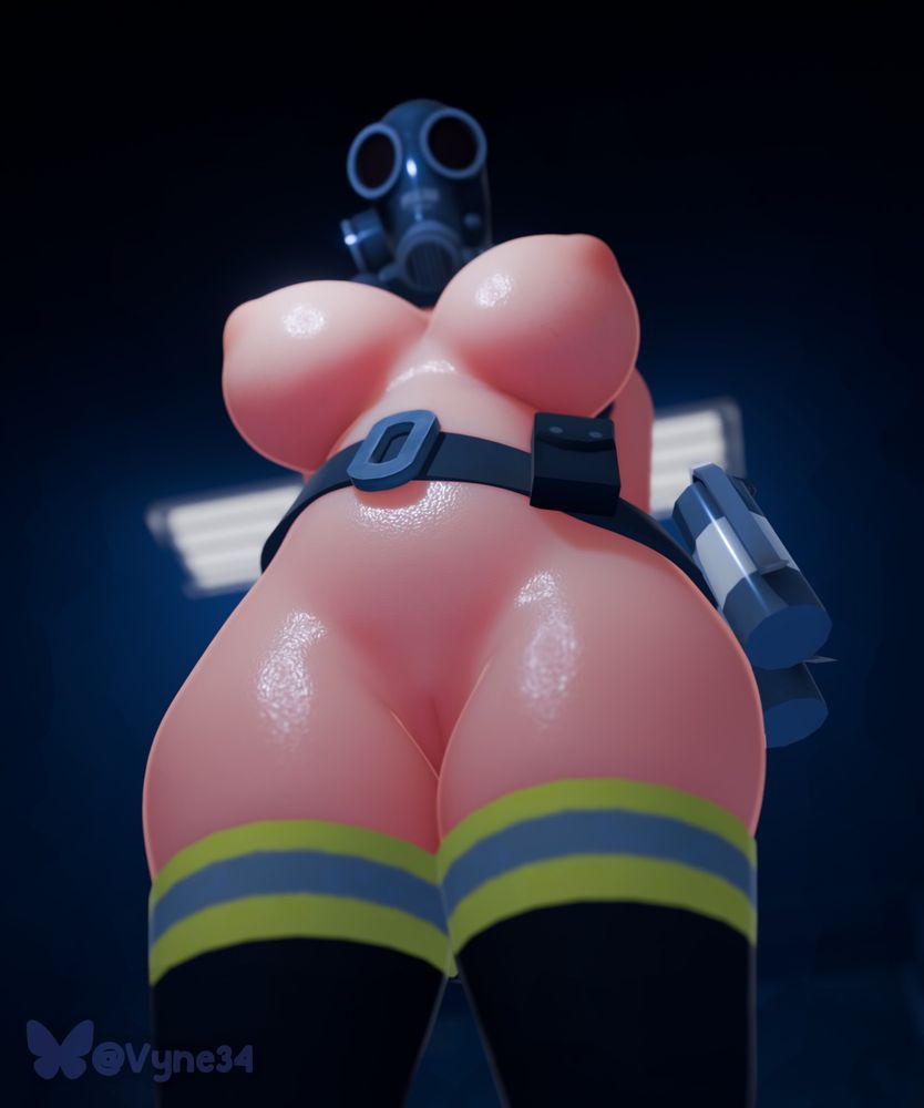 A nude Fempyro looking down at viewer